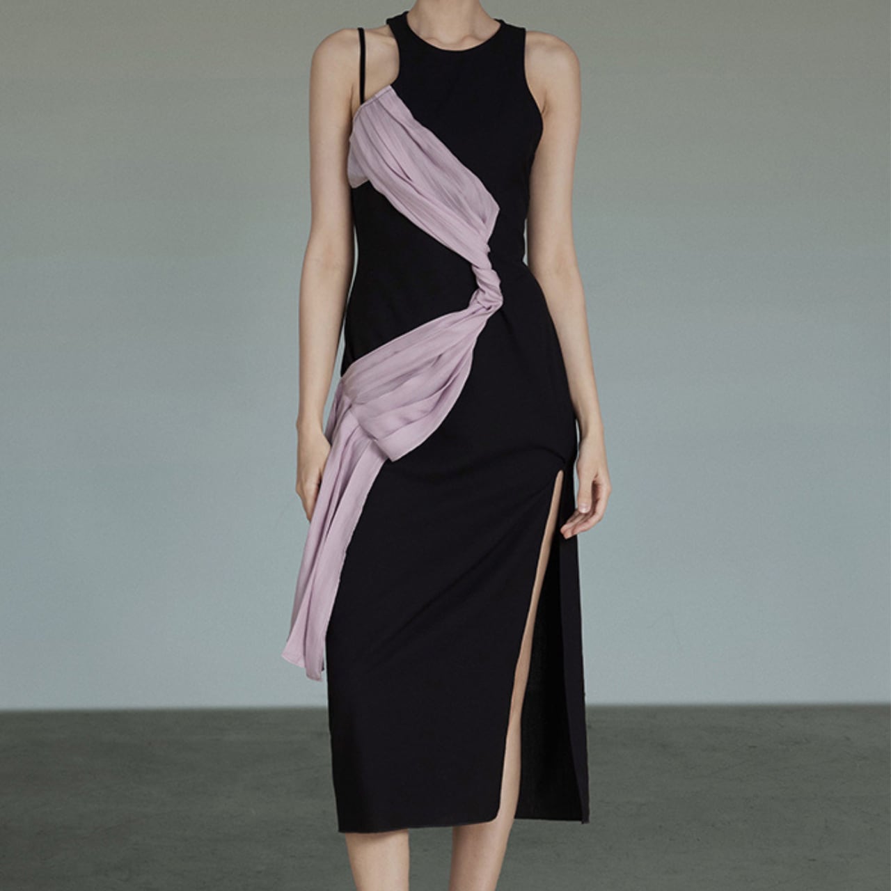 French ribbon asymmetrical design dress S1110