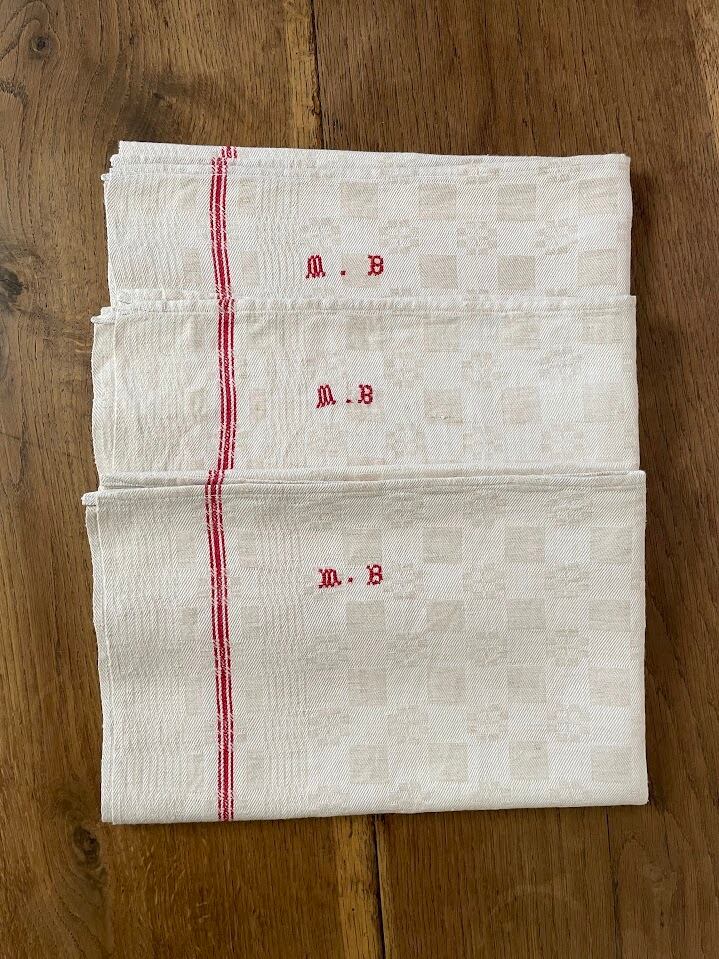 フランス 手刺繡モノグラム入り アンティークリネン トーション 赤