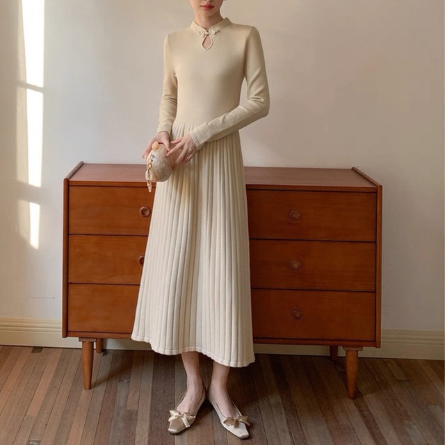 チャイナボタンデザイン リブニットワンピース　W00336