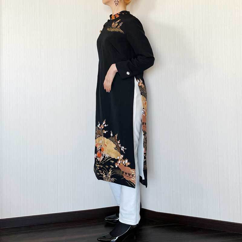 アオザイ風スリットワンピース[金銀流水に草花刺繍黒留袖] | kinuha