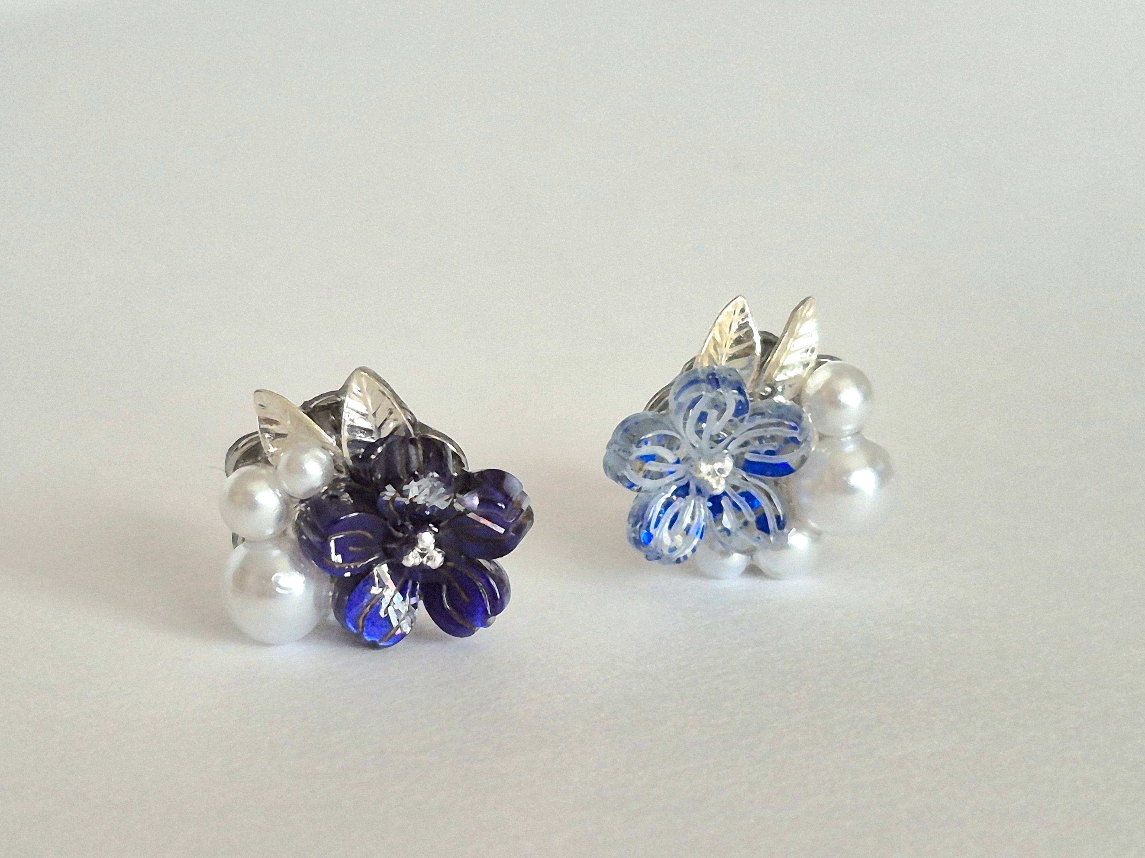 青の小花とパール/pierce/earring