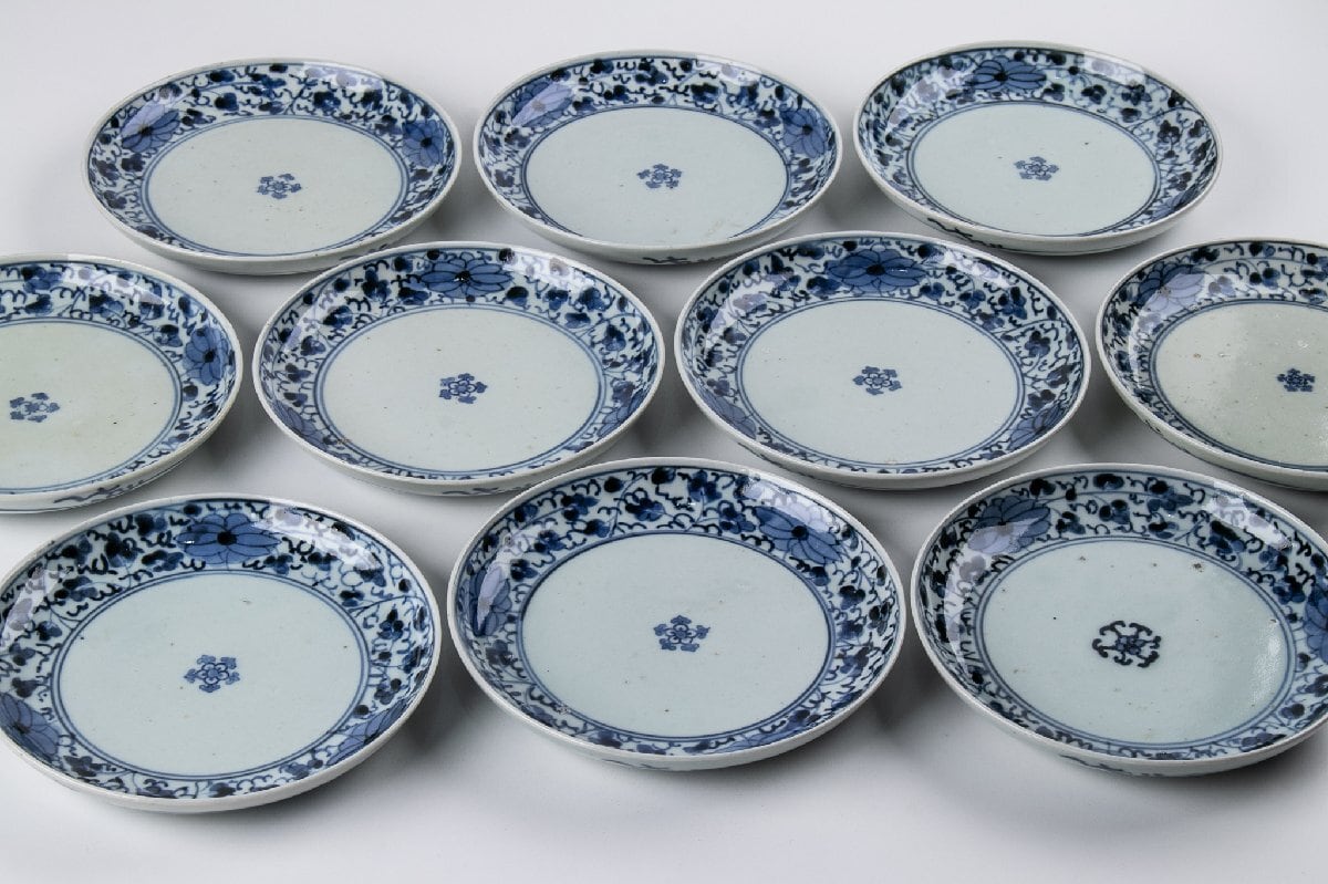日本正規取扱商品 【福蔵】江戸期 古伊万里 小皿 五客 陰刻獅子図 染付