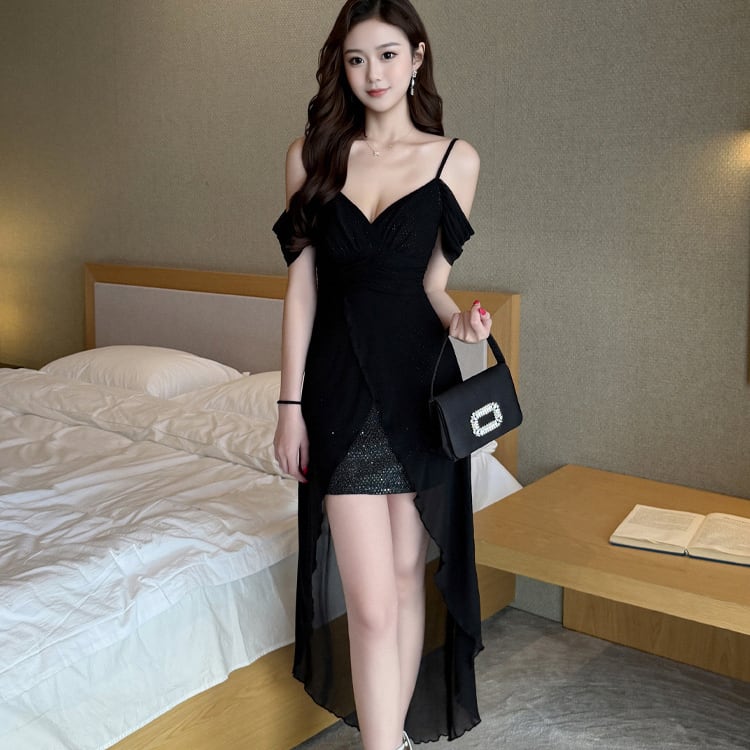 ミニドレス キャバドレス セクシー メッシュ キャミワンピ スリット入り スパンコール 前ミニ クラブ JC2-JX5802