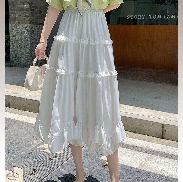 スカート レディース 2色 ティアードスカート ロング丈 Aライン アシンメトリー フリル かわいい 大人可愛い きれいめ 上品 エレガント 清楚 フェミニン おしゃれ お洒落 綺麗 お嬢様 ナチュラル こなれ感 ラブリー キュート ガーリー ロマンチック 抜け感 主役級 存在感 OL 通勤 学生 通学 デート お出かけ 女子会 S M L XL ホワイト 白 ブラック 黒 10代 20代 30代 40代 韓国 韓国系 着回し 体型カバー トレンド インスタ 送料無料