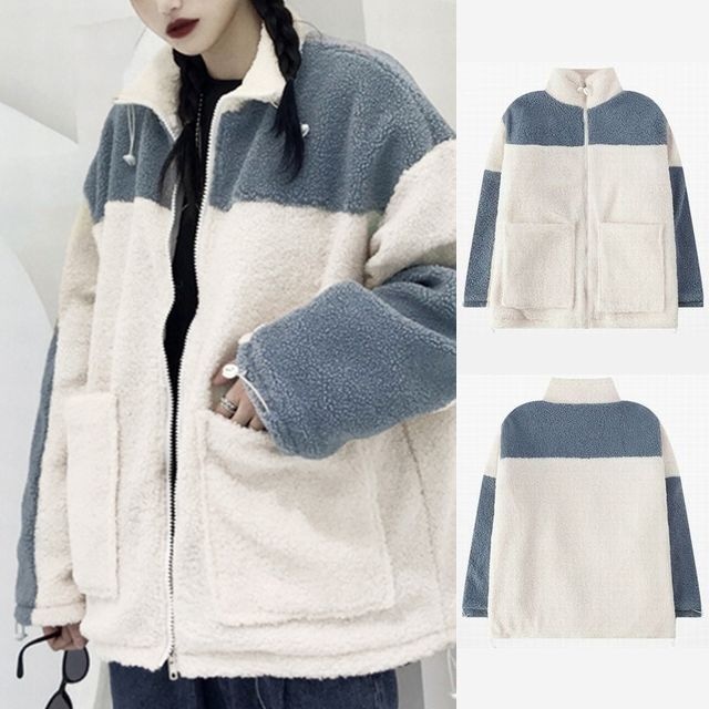 ボアブルゾン ジップアップ 韓国 ファッション レディース ボアジャケット アウター コート ジャケット もこもこ ボア 羊毛 ドロップショルダー / Lamb plush velvet thick jacket (DTC-607140836513)