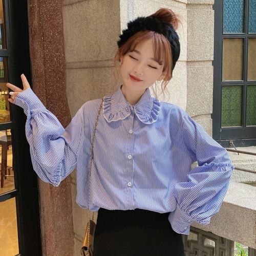 ✞ ♡ストライプシャツブラウス ロングランタンスリーブ スウィート ✞ゴスロリ SM ミリ 甘ロリ クラロリ 和ロリ エレガント 黒ロリ 姫ロリ 華ロリ BB-BB39571368703