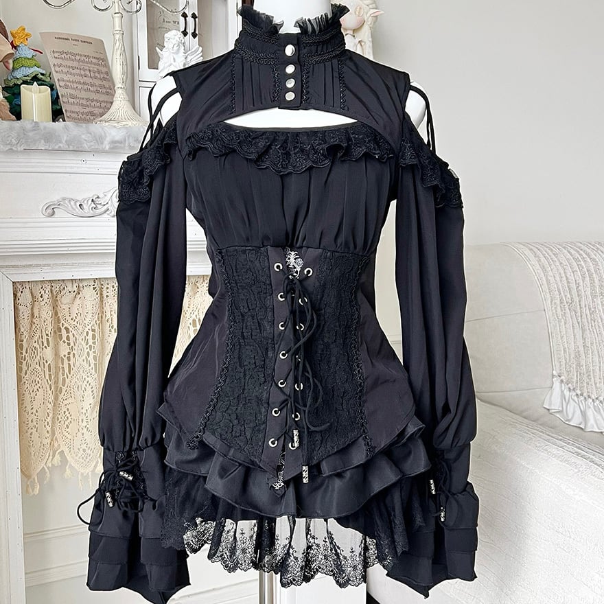ゴシック寄りのコルセット風レースアップ立ち襟オフショルダー長袖シャツ|天使と悪魔
