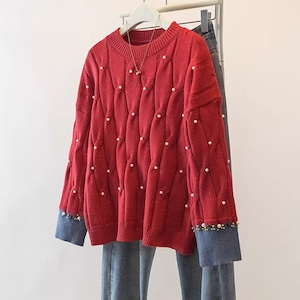 パールディテールケーブルニットトップス ・74185 パールディテールケーブルニットトップス ・74185