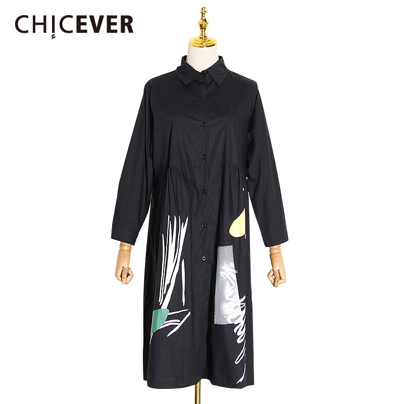 CHICEVERプリントヒットカラードレスレディースラペルカラー長袖オーバーサイズルーズミディドレス2020秋の服 ロング オータム 秋物 6base544966067159