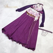 ベリーダンス オリエンタル 衣装 上下セット パープル系 トップス スカート チョーカー ラインストーン 花 紫 青 キラキラ スリット 豪華 装飾 華やか 鮮やか かわいい ステージ イベント ダンス衣装 フリンジ ピンク系 ブルー系 シルバー系