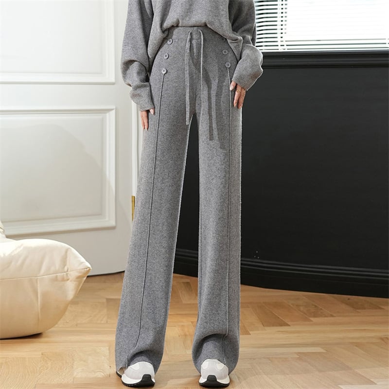 【bottoms】ボタンデザイン ハイウエスト ワイドニットパンツ L1021