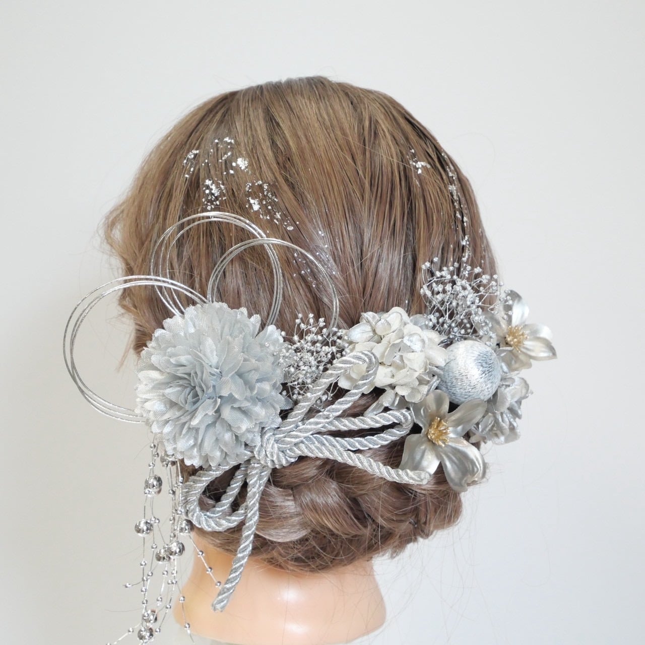 A491 ドライフラワー マム 髪飾り シルバー 卒業式 袴 成人式 振袖 結婚式 和装
