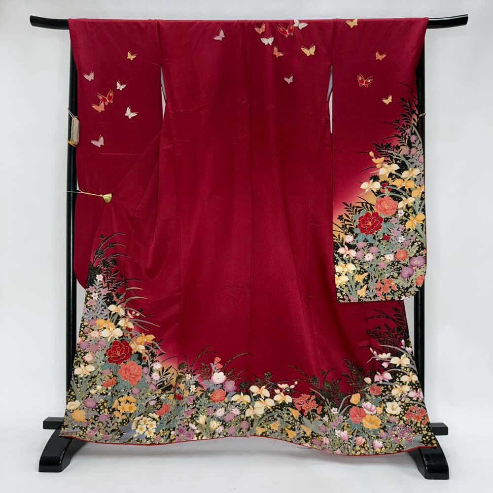 振袖 中古 エンジ 正絹 古典 裄68cm 身丈160.8cm 美品 L サイズ 成人式 4452