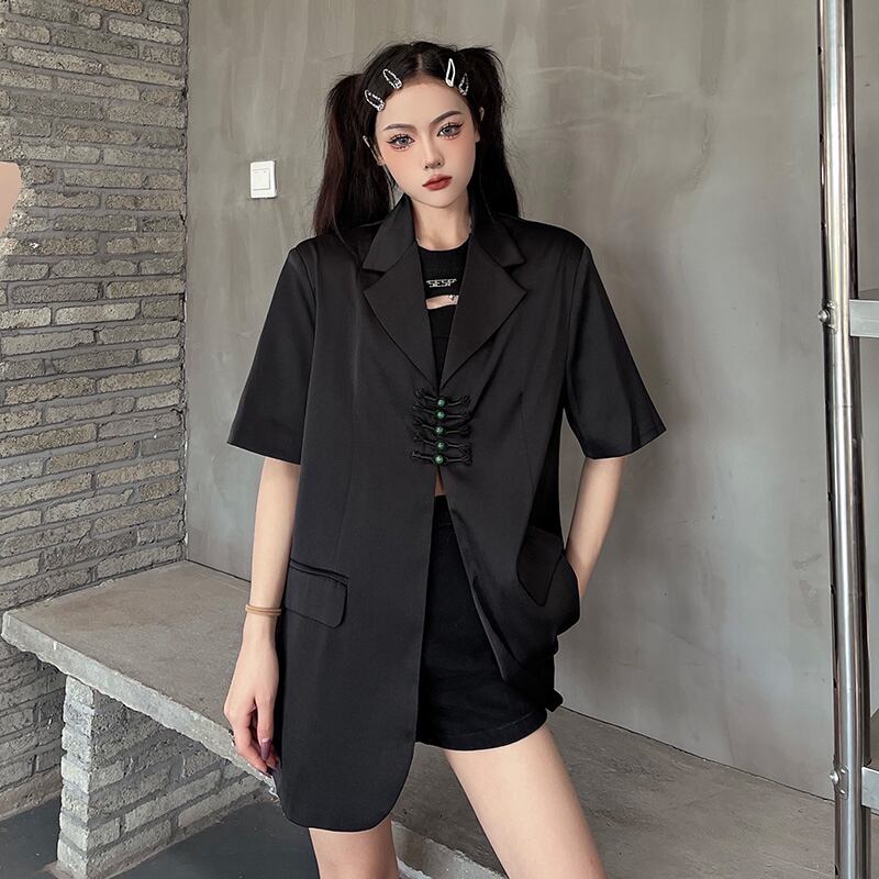 Styleシリーズ チャイナ風アウター ブレザー ストリートファッション 原宿風 半袖 ゆったり ブラック 黒い Elegant Styleシリーズ チャイナ風アウター ブレザー ストリートファッション 原宿風 半袖 ゆったり ブラック 黒い Elegant