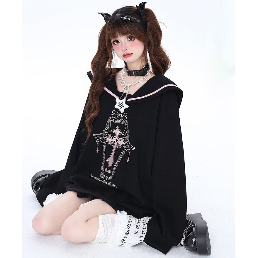 サブカル 服 地雷系 通販 CRAZYGIRL 長袖スウェット セーラー襟 プルオーバー スクールスタイル 闇かわいい バンギャ