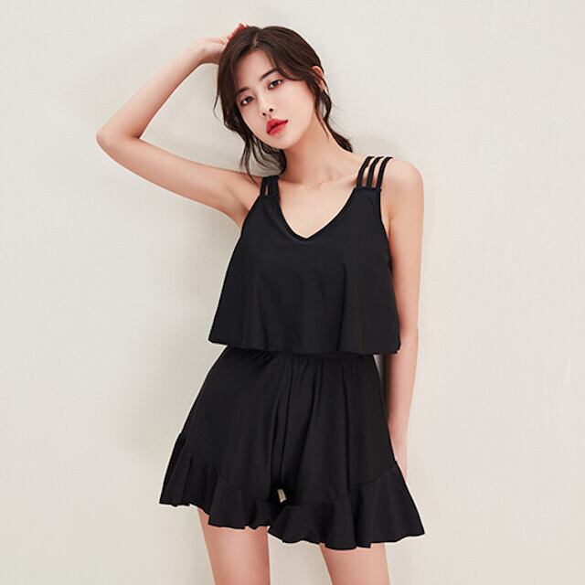 ワンピース水着 レディース 体型カバー ワンピース シンプル 無地 ノースリーブ フレア スイムウェア ブラック かわいい S・M・L・XL