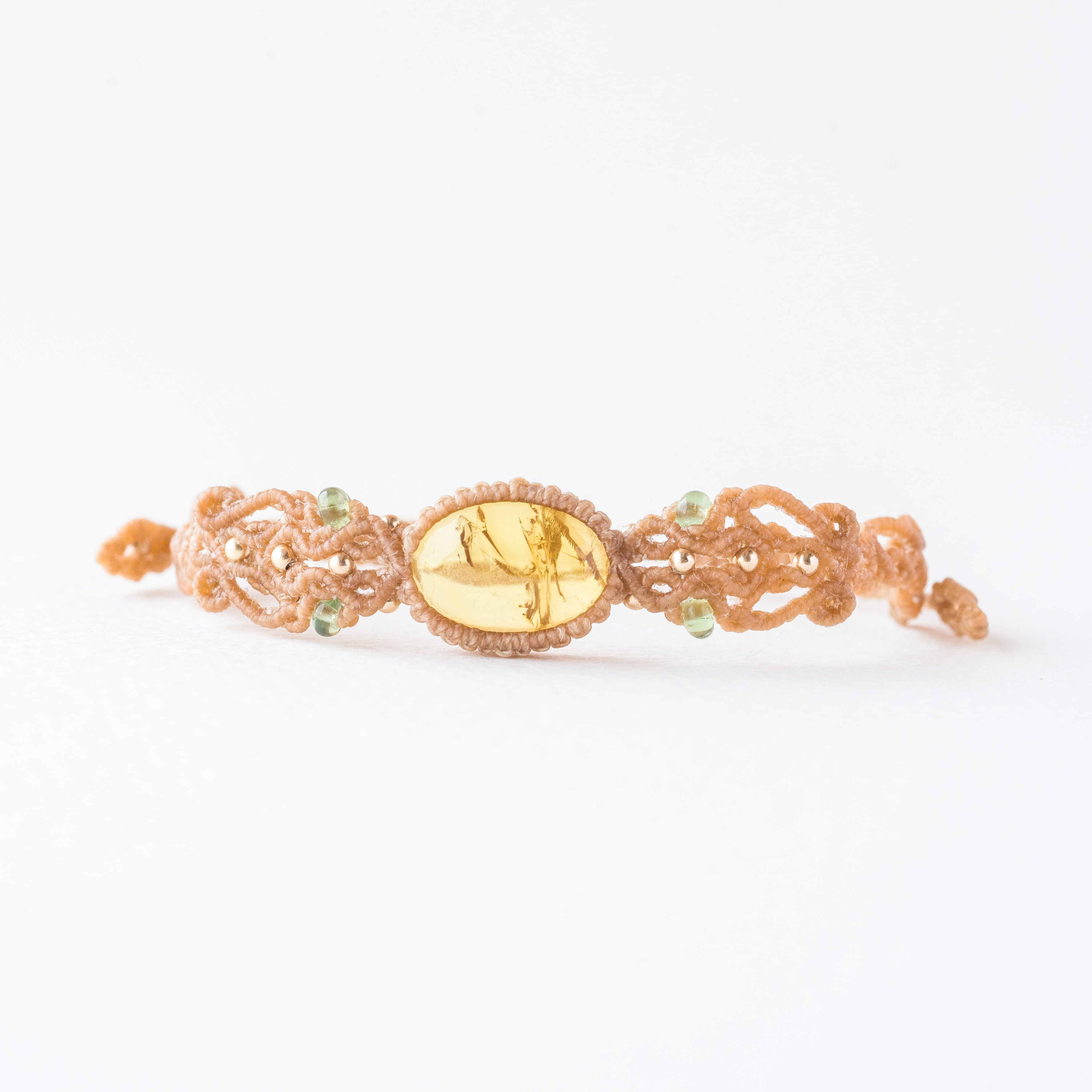 アンバー 琥珀】 フラワー マクラメ ブレスレット 蝋引き ブレスレット