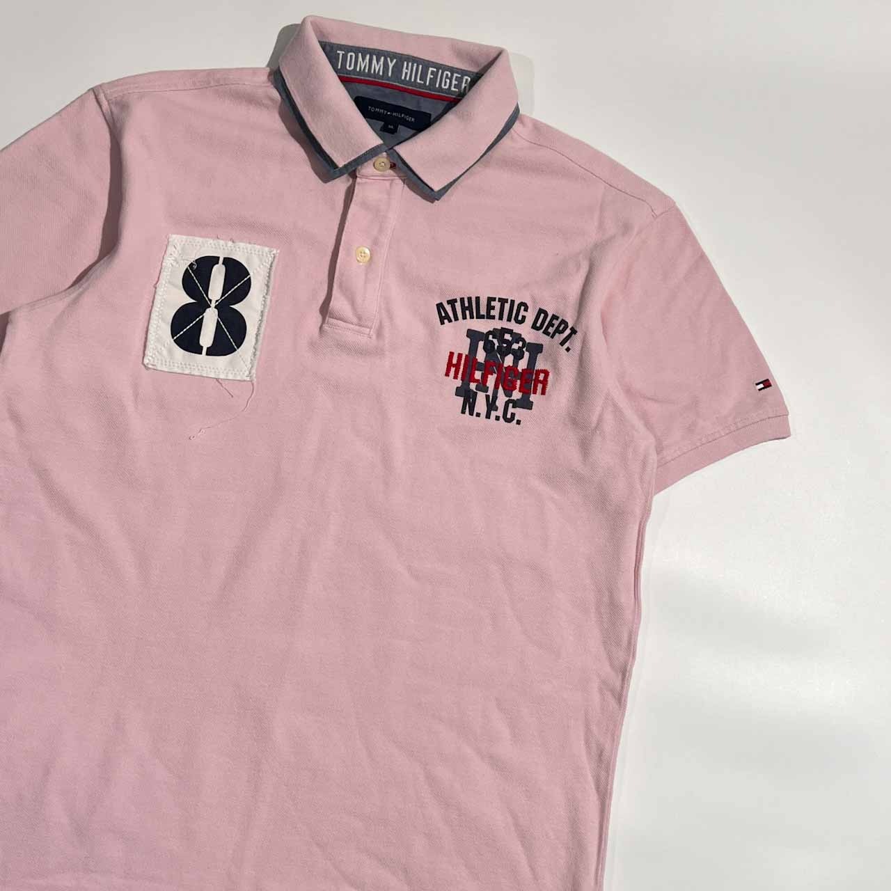 TOMMY HILFIGER トミーヒルフィガー 重ね襟デザイン ナンバリング 鹿の子 半袖 ポロシャツ XL/ピンク メンズ