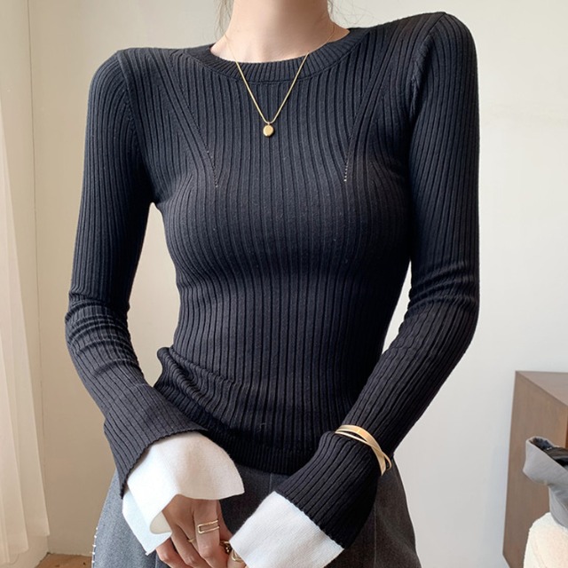Layered style sleeve rib tight knit A1608
