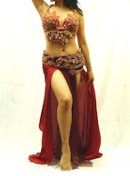 エジプト製 ベリーダンス衣装 ターキッシュスタイル　ブラベルトスカート３点セット　ボルドー