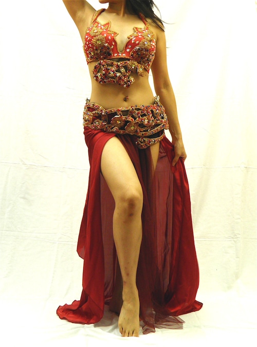 エジプト製 ベリーダンス衣装 ターキッシュスタイル　ブラベルトスカート３点セット　ボルドー
