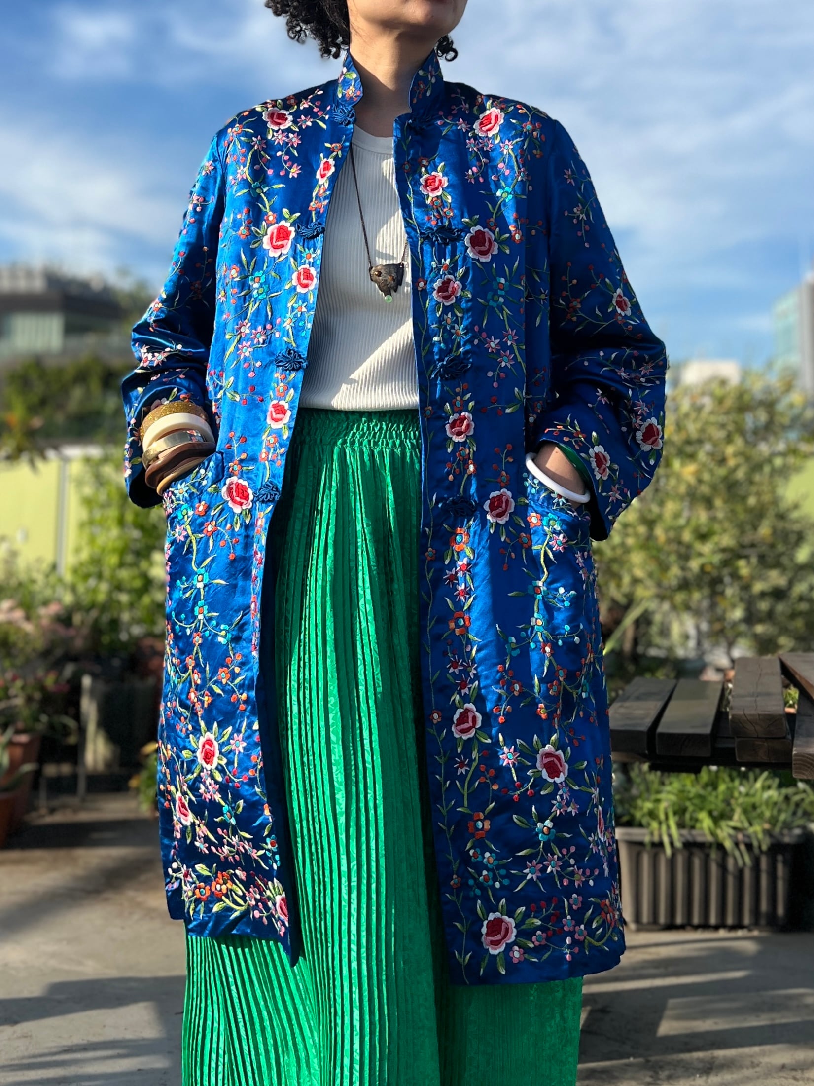 80s chinese royal blue × floral embroidery long jacket