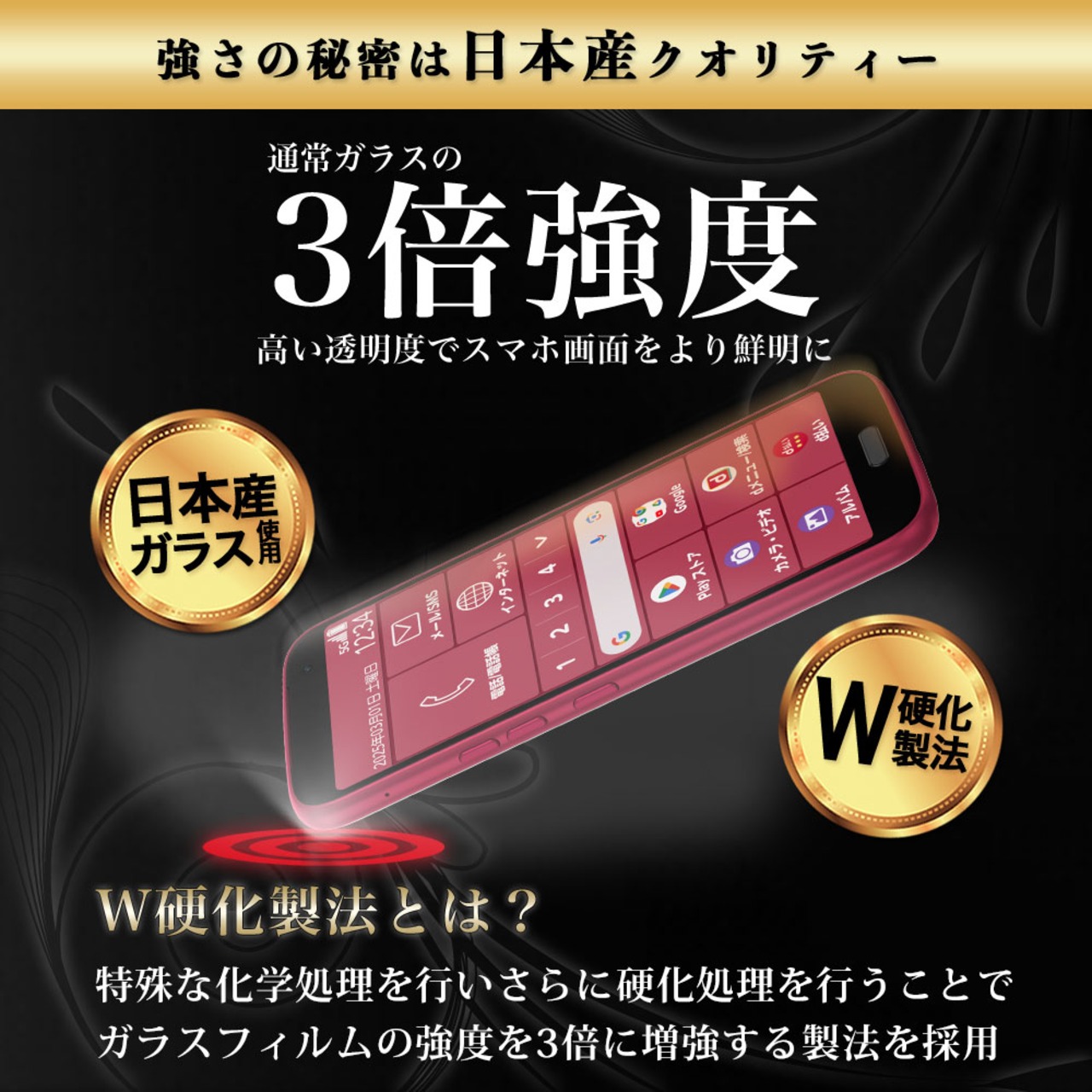Hy+ らくらくスマートフォン フィルム F-53E ガラスフィルム W硬化製法 一般ガラスの3倍強度 全面保護 全面吸着 日本産ガラス使用 厚み0.33mm ブラック
