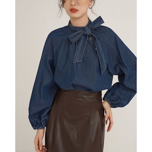 stand neck ribbon denim blouse 100576