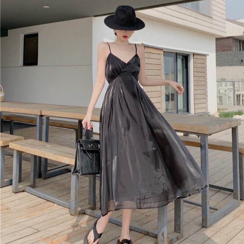 スタイルブラックドレス サマーVネックウェストAライン 夏物 ハンチェンe83704824993