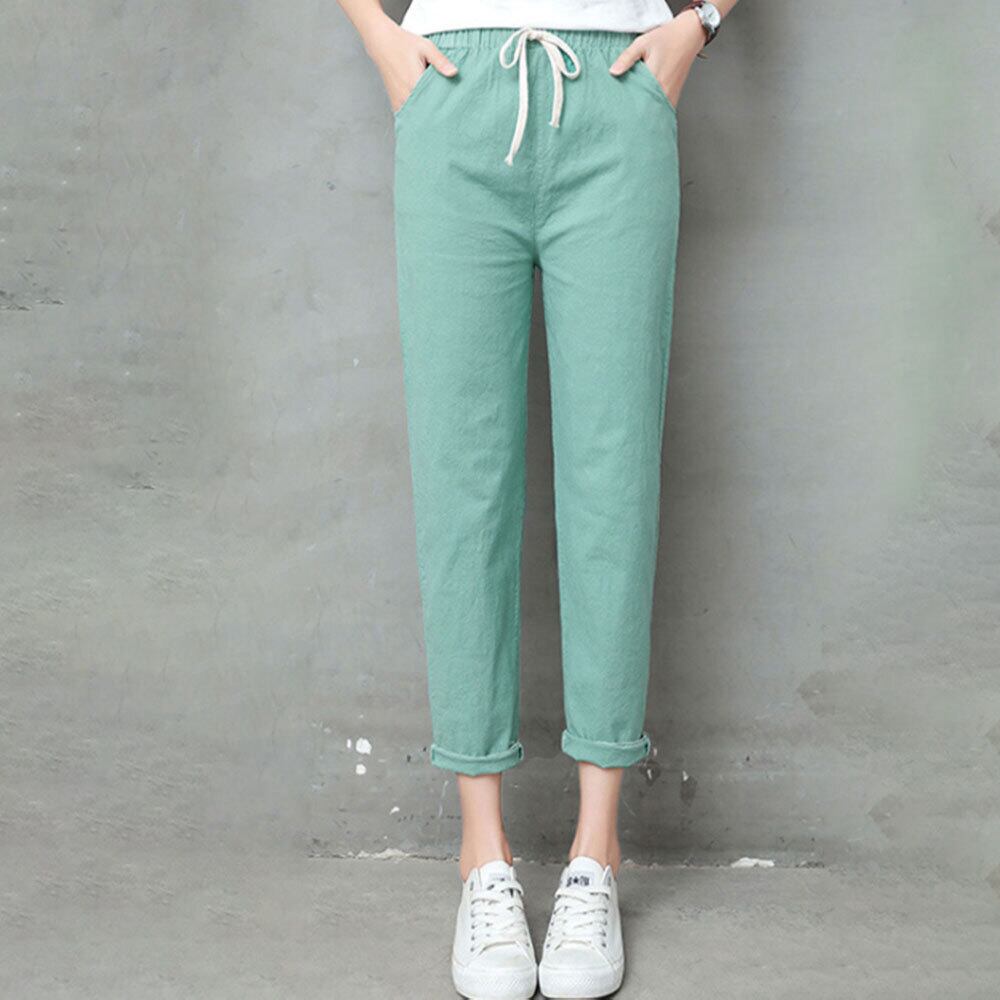 綿麻 アンクル パンツ レディース ストレート 春夏秋 韓国 きれいめ 大人 カジュアル おしゃれ シンプル 9分丈 薄手 カラーパンツ ウエストゴム 大人可愛い 大人女子