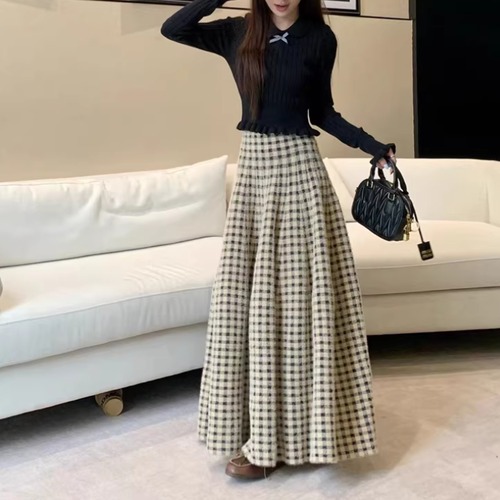 【2点セット】フリルヘムリボンリブニット＋マキシチェックスカート ・73838