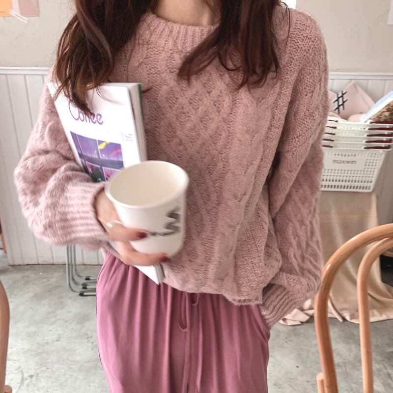 スタンダードセーター ルーズラウンドネック長袖スリーブニットプルオーバー レディース ロング レトロ Oネック ビッグFスモールZ韓国90246667243