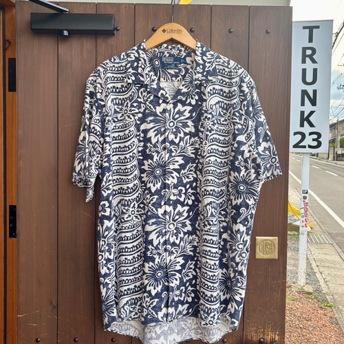 【90s】POLO RALPH LAUREN BONNARD オープンカラー リネン コットン 半袖シャツ 開襟 L 紺/NAVY ボタニカル 総柄 VINTAGE ラルフローレン