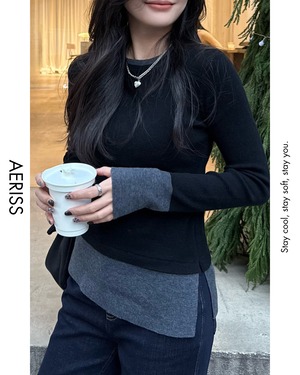 バイカラーレイヤードスリムニットトップス A0688