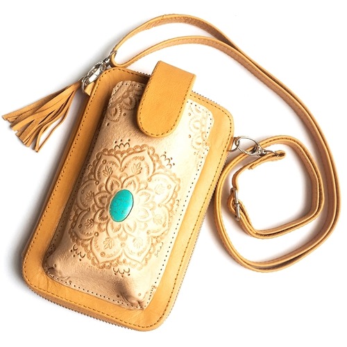 ボヘミアン 本革 レザー タッセル付 ウォレット(キャメル×スマホケース) 財布 長財布 ショルダー付 パスポート入れ【バリ直輸入】