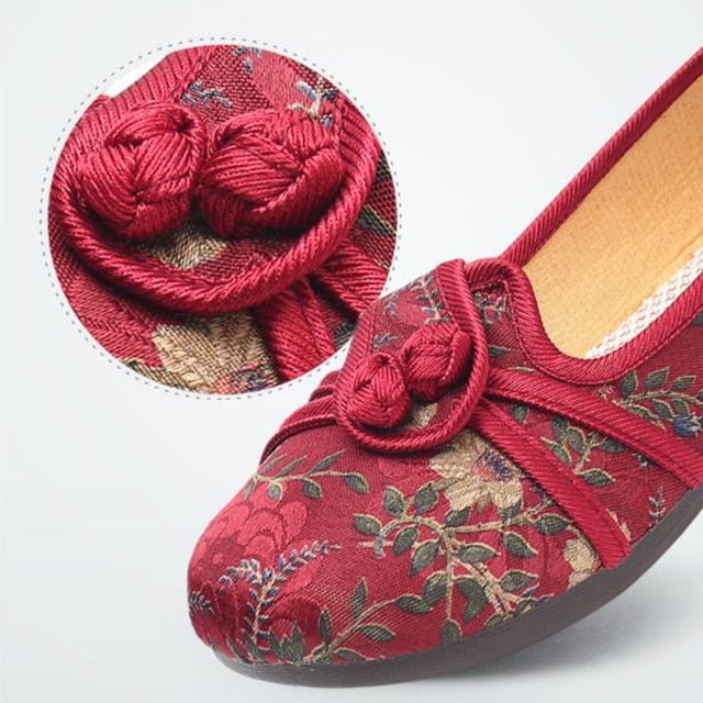 ゴスロリ通販 With U ゴシック ロリィタ チャイナシューズ パンプス レトロ 中華結び 民族風 刺繍 繊細 花柄 民族調 華ロリ ローヒール 軽量