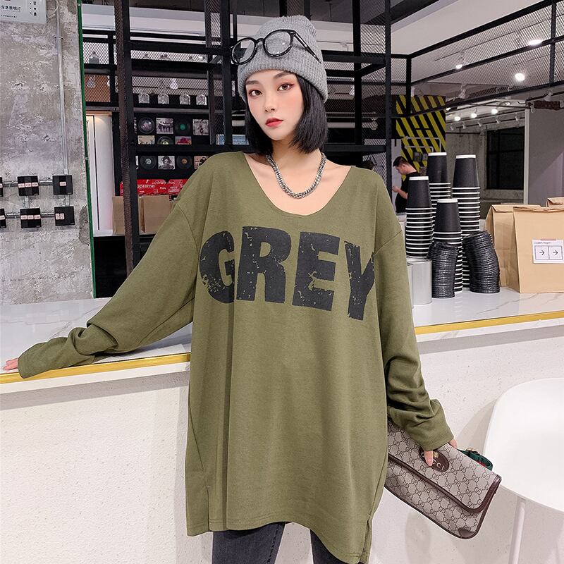 300 kg特大サイズの女性の脂肪mm秋長袖Tシャツ超ゆったりと薄いトップス怠惰な文字セーターの潮 ミックスインファッション93449803432