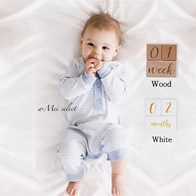 月齢フォトブロック マイルストーン ウッド ホワイト ベビーグッズ キッズアイテム 月齢フォト マタニティーフォト 成長記録 赤ちゃんグッズ 出産祝い ハーフバースデー A Mei Shop