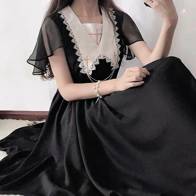 サブカル 服 地雷系 通販 ゴスロリ レースフリル ワンピース ミディ丈 半袖 ハイウエスト 十字架 刺繍 闇かわいい ゴシック ロリータ