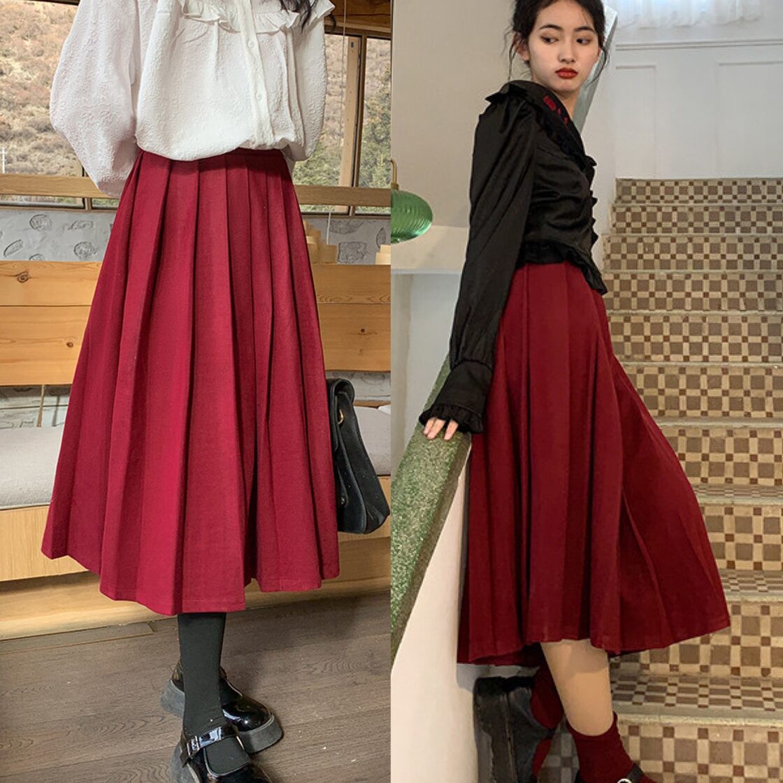 赤 スカート プリーツスカート ボドムス ワンピース ゆったり リボン 