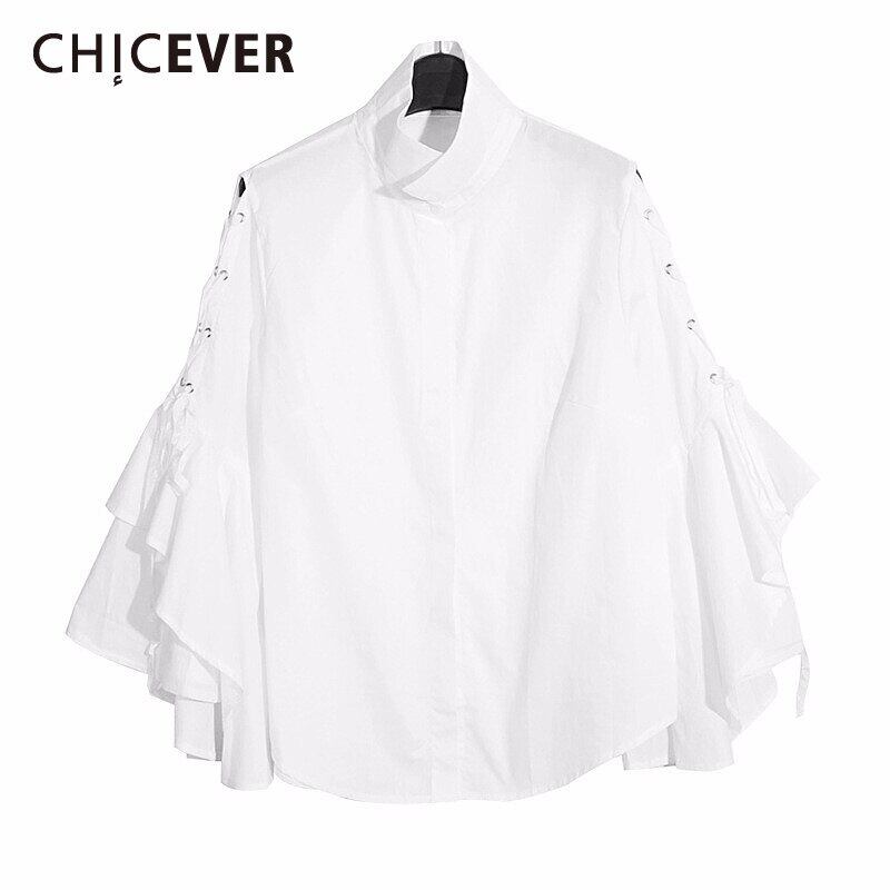 CHICEVERレディースシャツスタンドカラーフレア長袖包帯ホワイトブラウストップラージサイズ2020服 ロング 大きめサイズ 6base587220880195