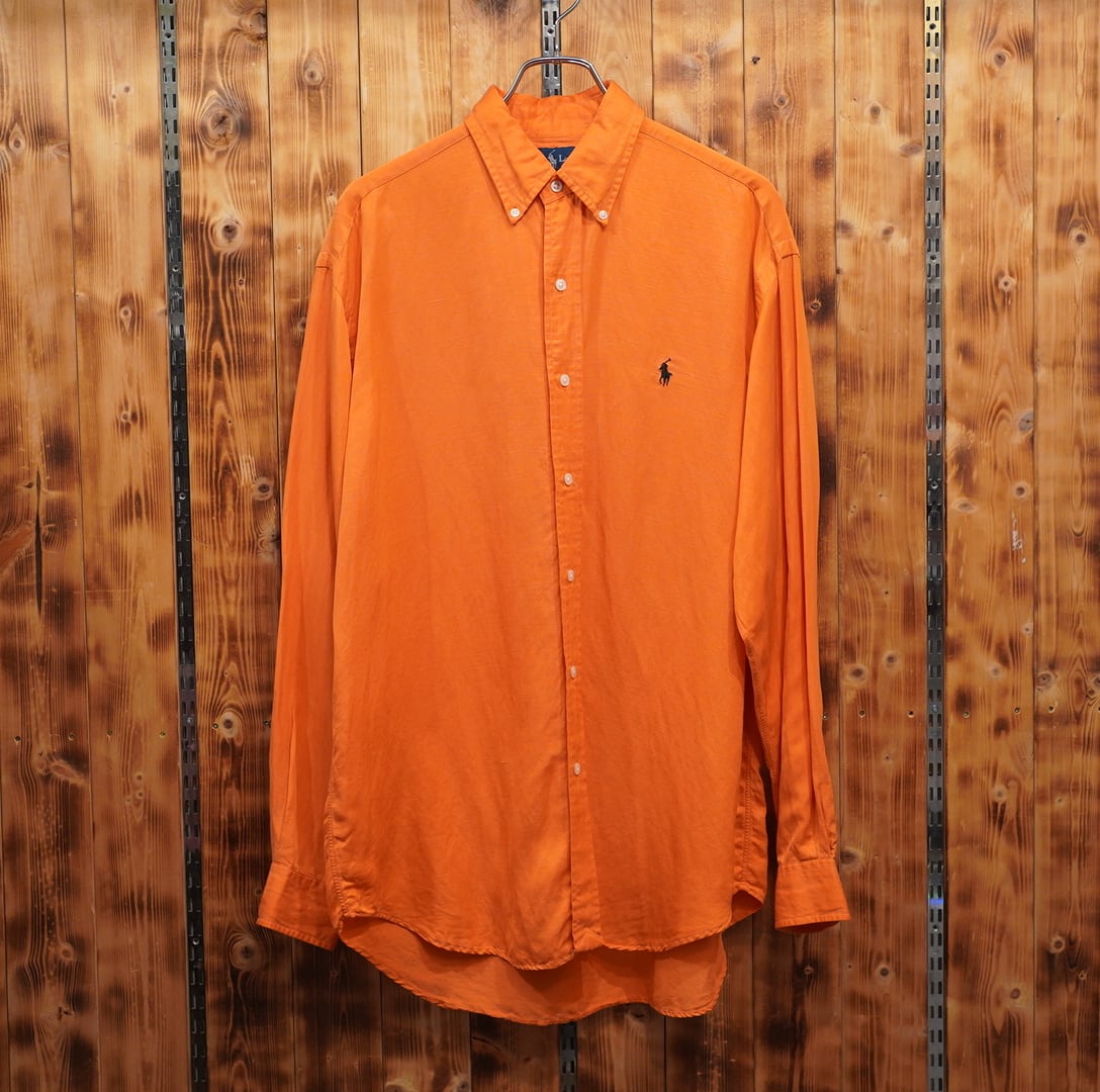 90s ralphlauren blake シルクリネン シャツ M/ラルフローレン オレンジ