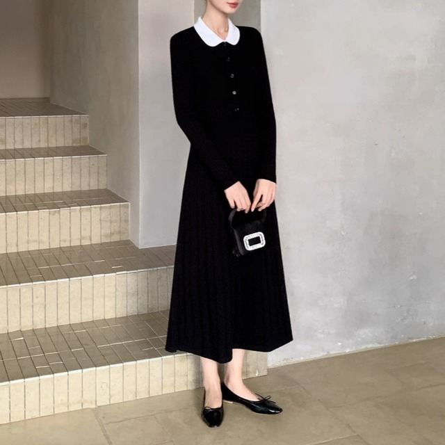 クラシック丸襟リブニットワンピース　W00385