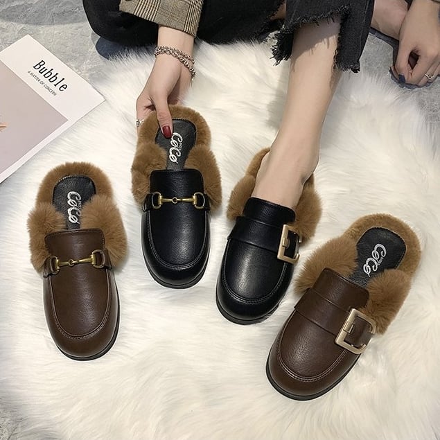 ミュールサンダル ミュールパンプス ローファー サンダル ファー付き ぺったんこ 靴 シューズ レディース スリッパ ファー ローヒール ぺたんこ パンプス 韓国 ファッション レディース トレンド 春 秋 10代 代 30代 おしゃれ 大人 可愛い 黒 ブラウン Db0281 Dbstyle