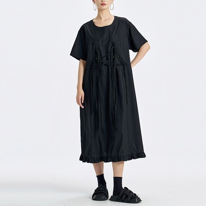 LACE-UP SHORT SLEEVE RUFFLED A-LINE MIDI DRESS M-17938