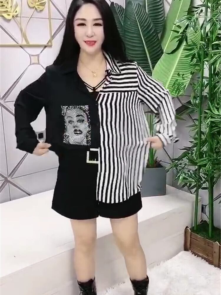 ブラウス スプリングルーズストライプシャツ ロング 大きめサイズ 春物 ステッチ ミックスインファッション95680724711