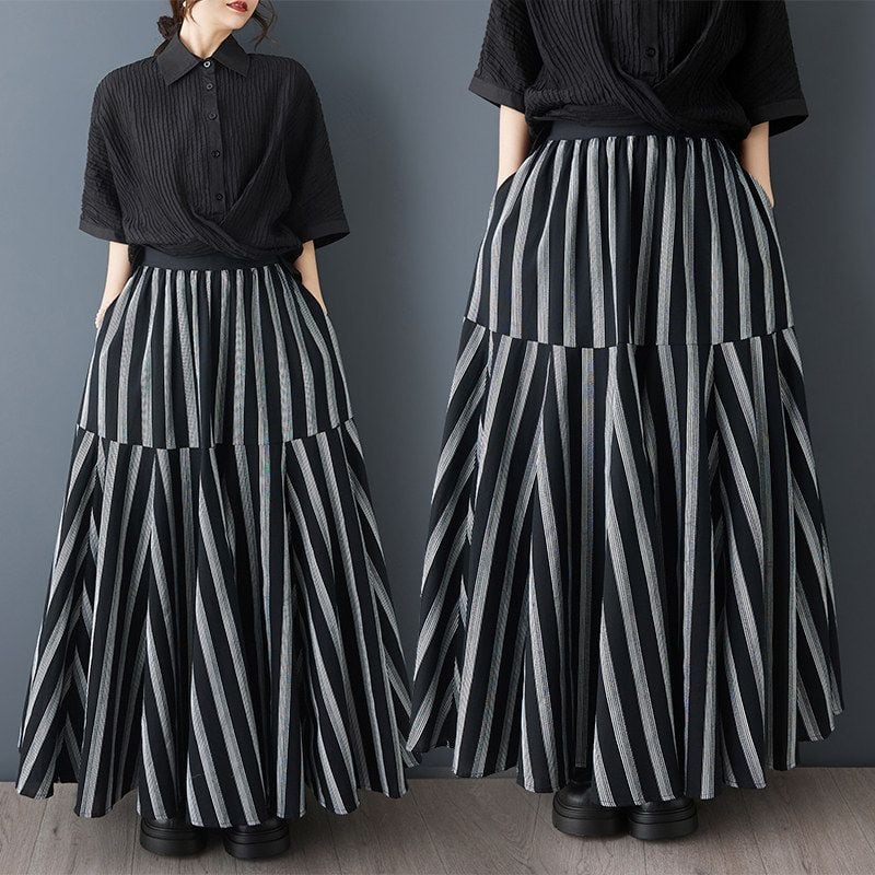 ASYMMETRIC STRIPED TIERED LAYERED MAXI SKIRT M-17312