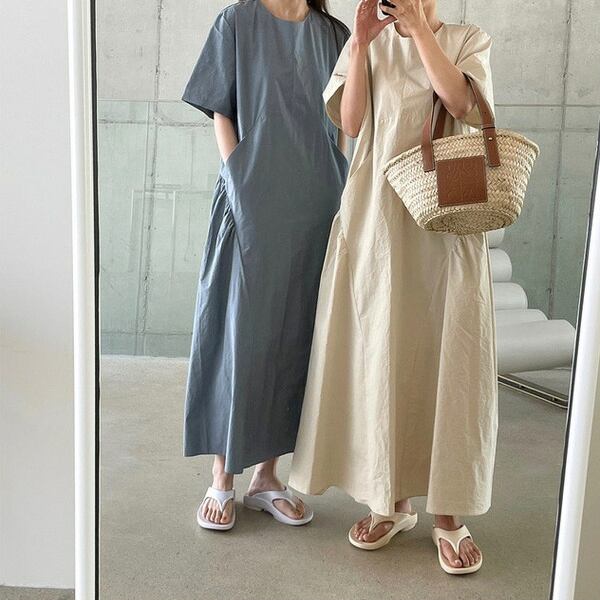 【予約販売】ワンピース レディース ロングワンピース 五分袖 ブルー ベージュ 体型カバー ワンピ 大人可愛い シンプル エレガント おしゃれ こなれ感 韓国 春 夏 トレンド フリー