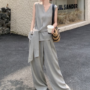 Waist tie vest & wide leg pants set S1396