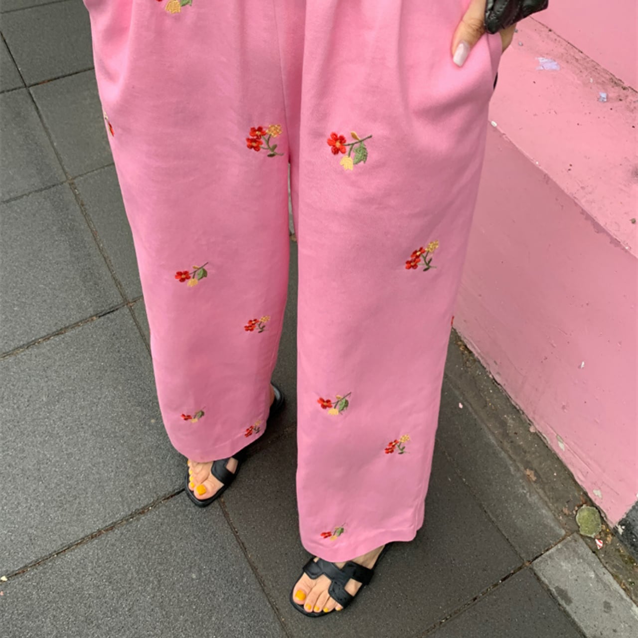 Elastic waist embroidered wide-leg pants 00091